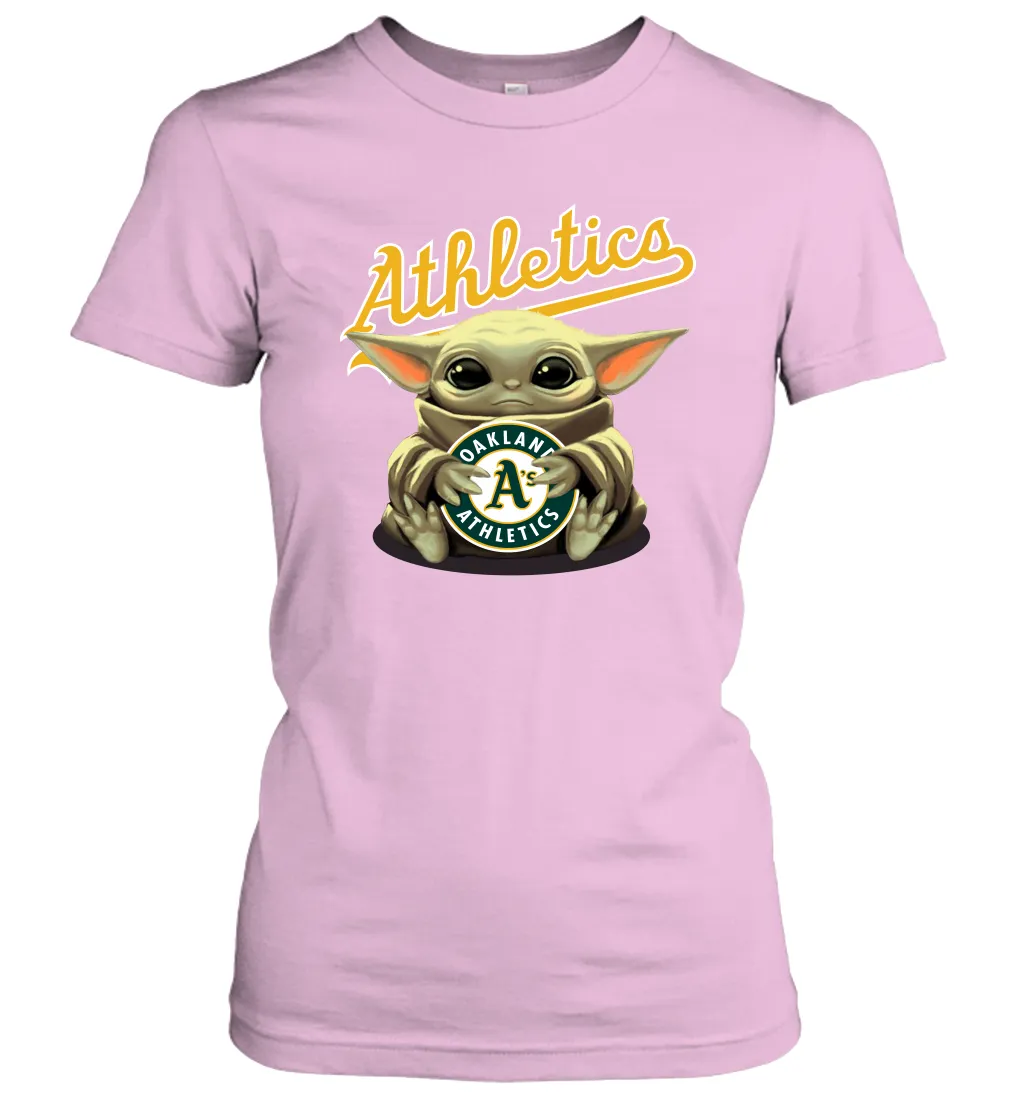 Baby Yoda Hugs Loves The Oakland Athletics Baseball Womens T-Shirt
