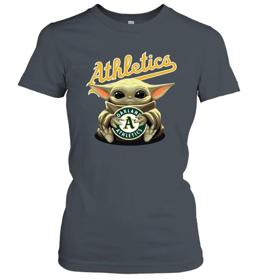 Baby Yoda Hugs Loves The Oakland Athletics Baseball Womens T-Shirt