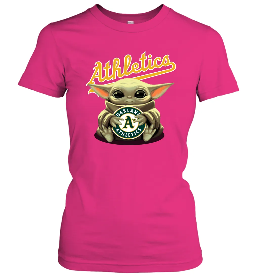 Baby Yoda Hugs Loves The Oakland Athletics Baseball Womens T-Shirt