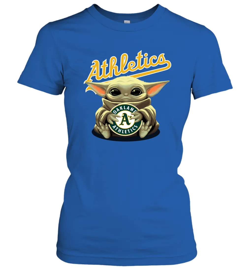Baby Yoda Hugs Loves The Oakland Athletics Baseball Womens T-Shirt