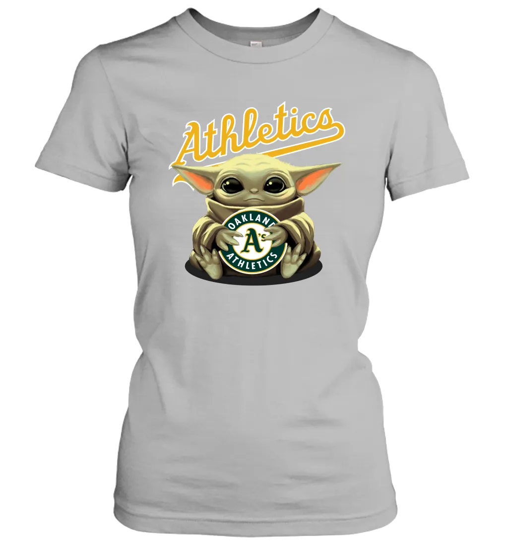 Baby Yoda Hugs Loves The Oakland Athletics Baseball Womens T-Shirt