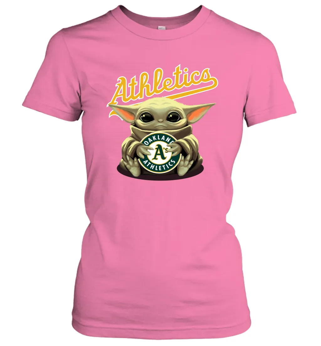 Baby Yoda Hugs Loves The Oakland Athletics Baseball Womens T-Shirt