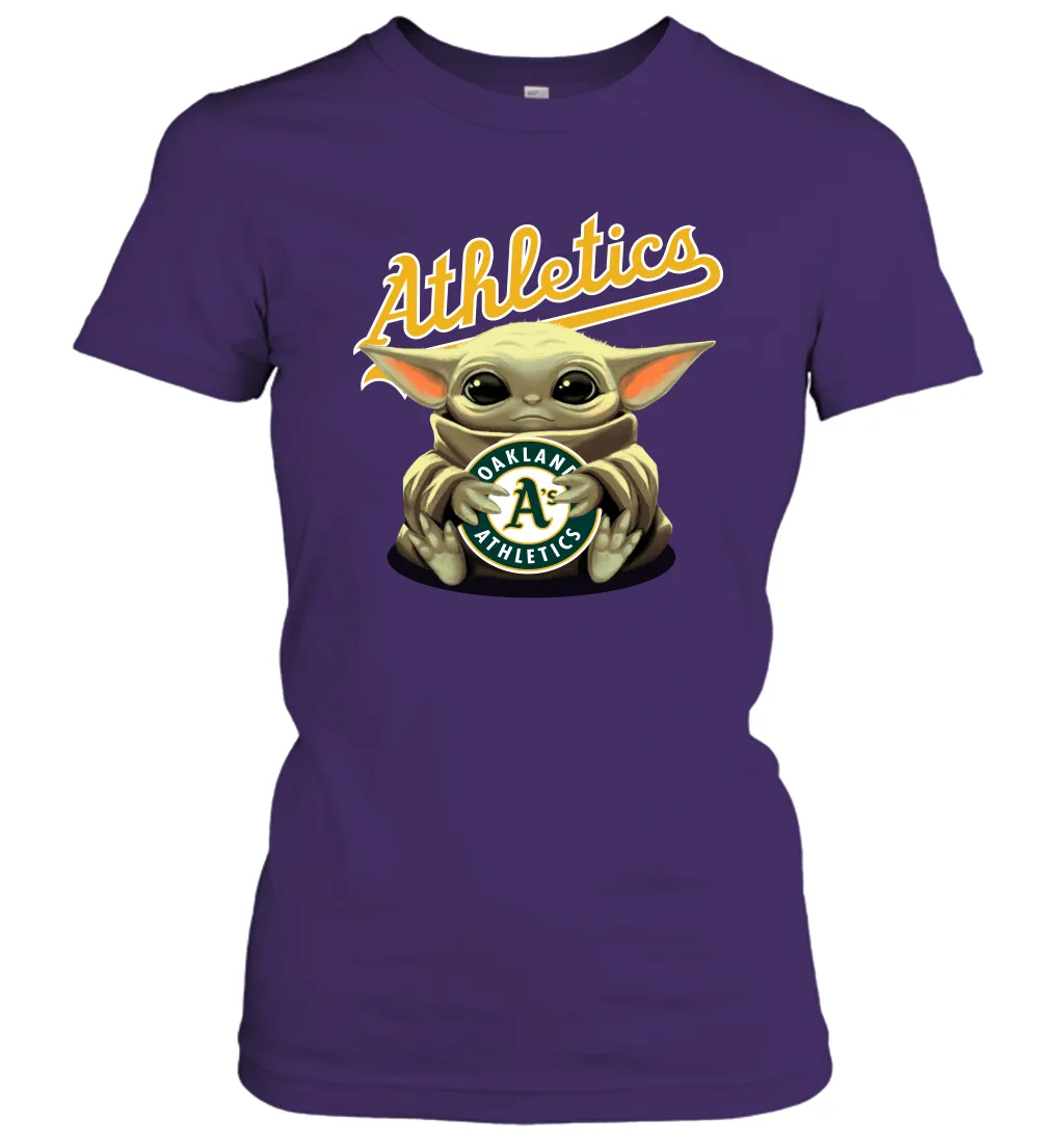 Baby Yoda Hugs Loves The Oakland Athletics Baseball Womens T-Shirt