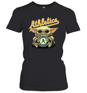 Baby Yoda Hugs Loves The Oakland Athletics Baseball Womens T-Shirt