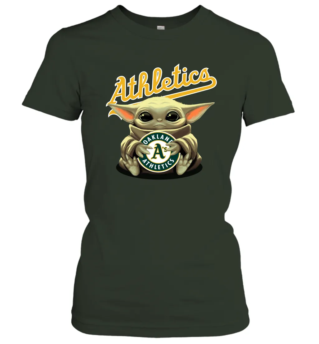 Baby Yoda Hugs Loves The Oakland Athletics Baseball Womens T-Shirt