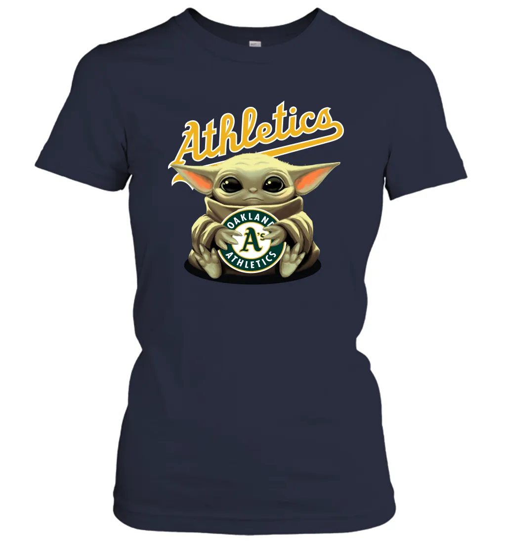 Baby Yoda Hugs Loves The Oakland Athletics Baseball Womens T-Shirt