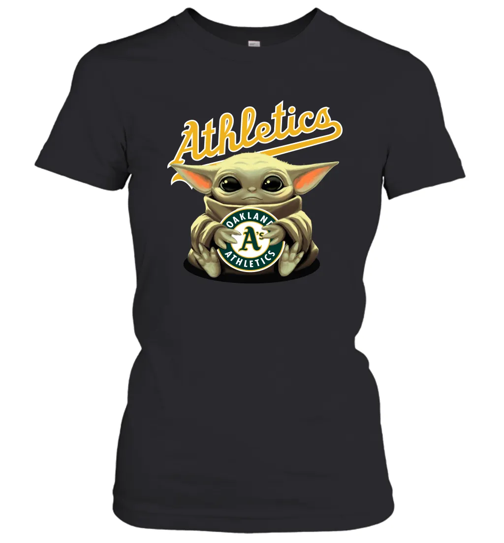 Baby Yoda Hugs Loves The Oakland Athletics Baseball Womens T-Shirt