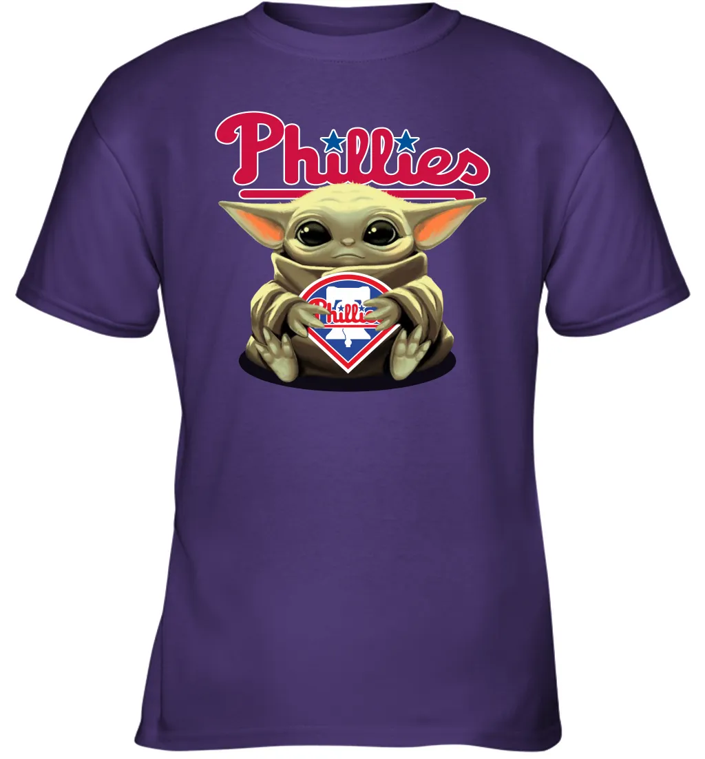 Baby Yoda Hugs Loves The Philadelphia Phillies Baseball Youth T-Shirt