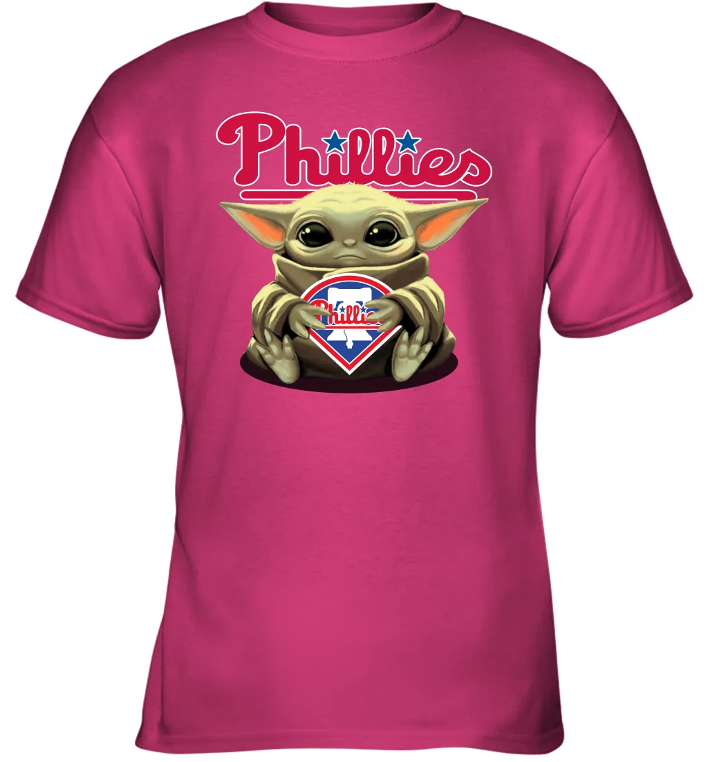 Baby Yoda Hugs Loves The Philadelphia Phillies Baseball Youth T-Shirt