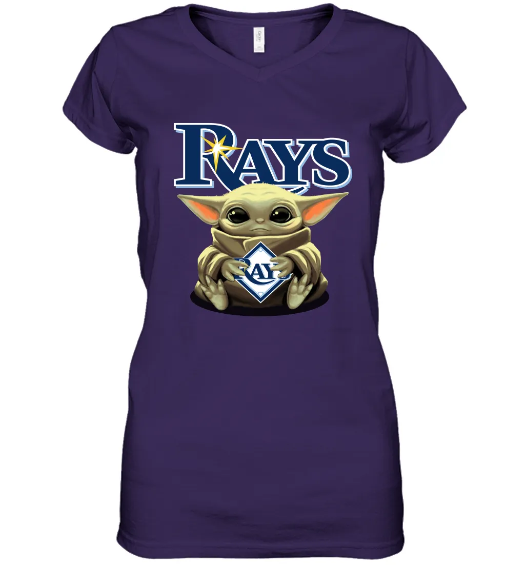 Baby Yoda Hugs Loves The Tampa Bay Rays Baseball Womens V-Neck T-Shirt