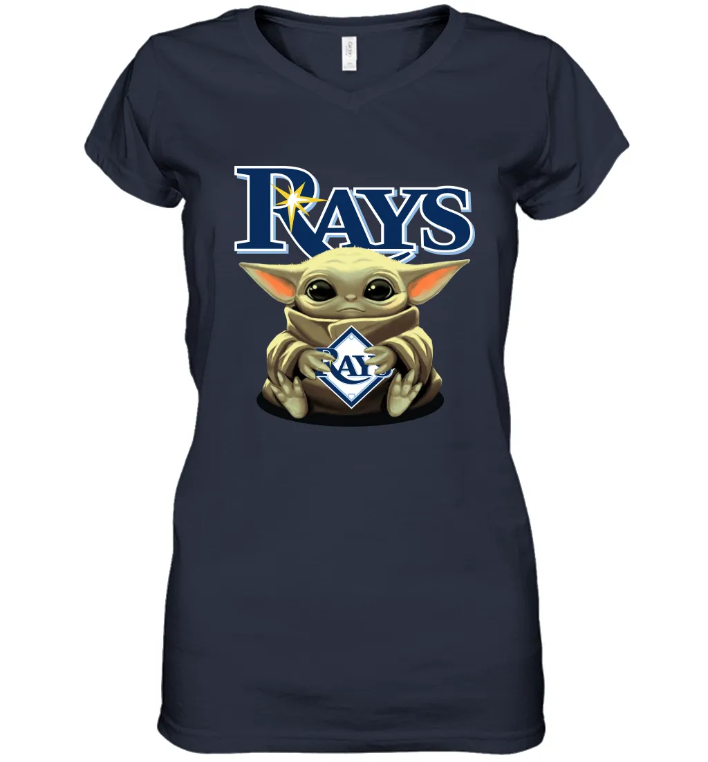 Baby Yoda Hugs Loves The Tampa Bay Rays Baseball Womens V-Neck T-Shirt