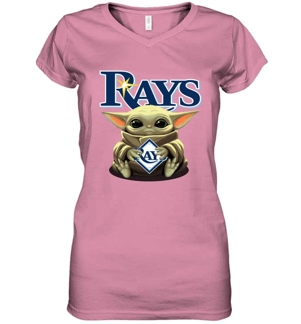 Baby Yoda Hugs Loves The Tampa Bay Rays Baseball Womens V-Neck T-Shirt