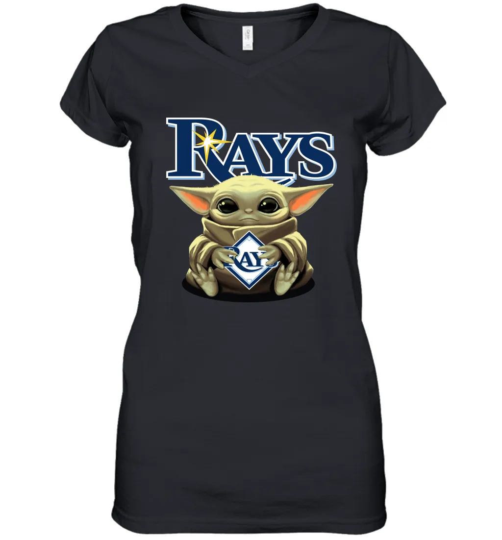 Baby Yoda Hugs Loves The Tampa Bay Rays Baseball Womens V-Neck T-Shirt