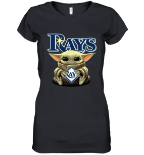 Baby Yoda Hugs Loves The Tampa Bay Rays Baseball Womens V-Neck T-Shirt