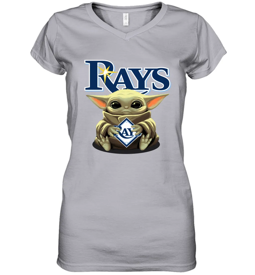 Baby Yoda Hugs Loves The Tampa Bay Rays Baseball Womens V-Neck T-Shirt