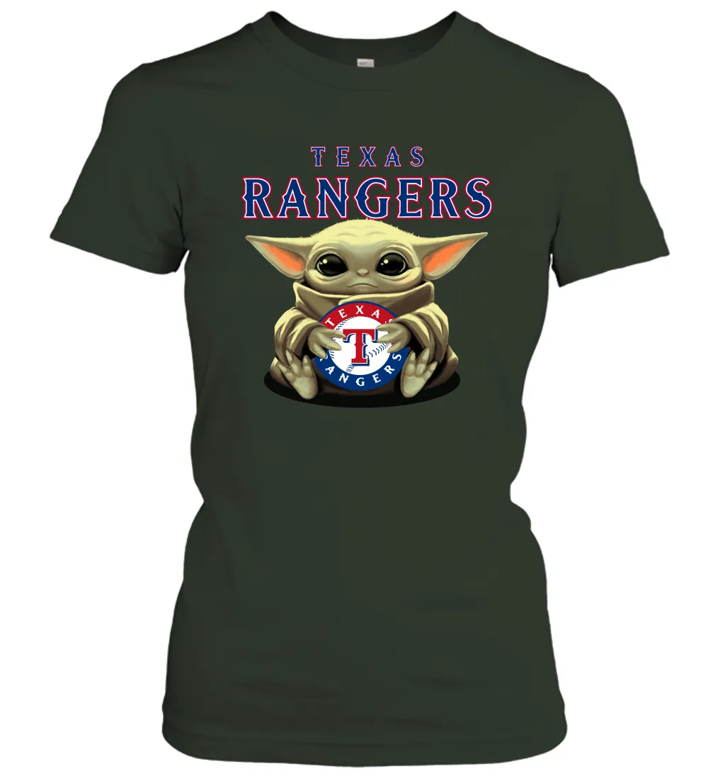 Baby Yoda Hugs Loves The Texas Rangers Baseball Womens T-Shirt