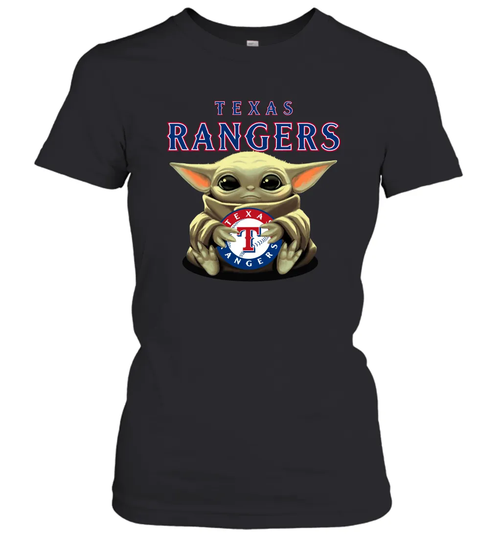 Baby Yoda Hugs Loves The Texas Rangers Baseball Womens T-Shirt