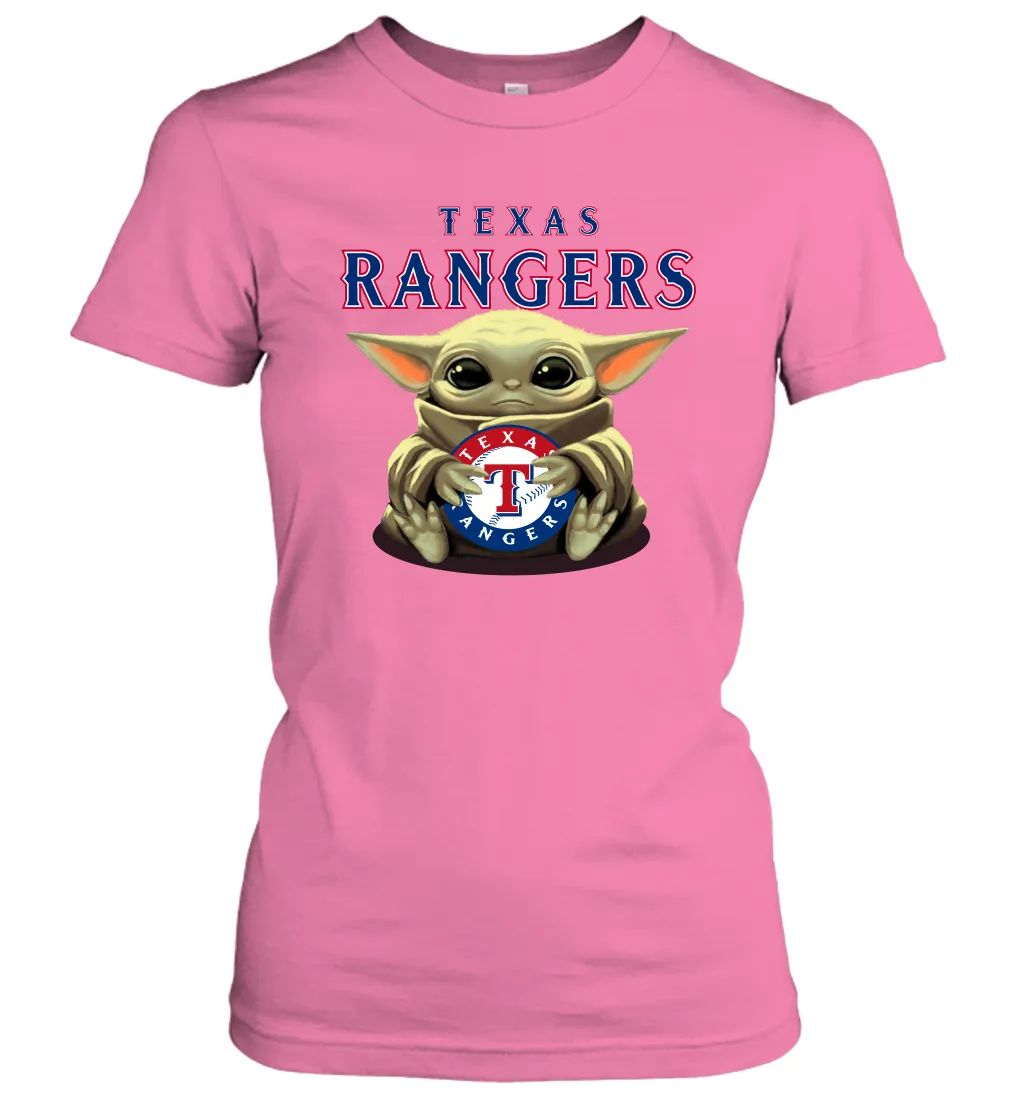 Baby Yoda Hugs Loves The Texas Rangers Baseball Womens T-Shirt
