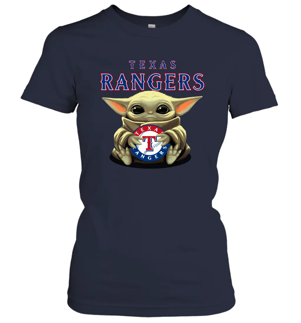 Baby Yoda Hugs Loves The Texas Rangers Baseball Womens T-Shirt