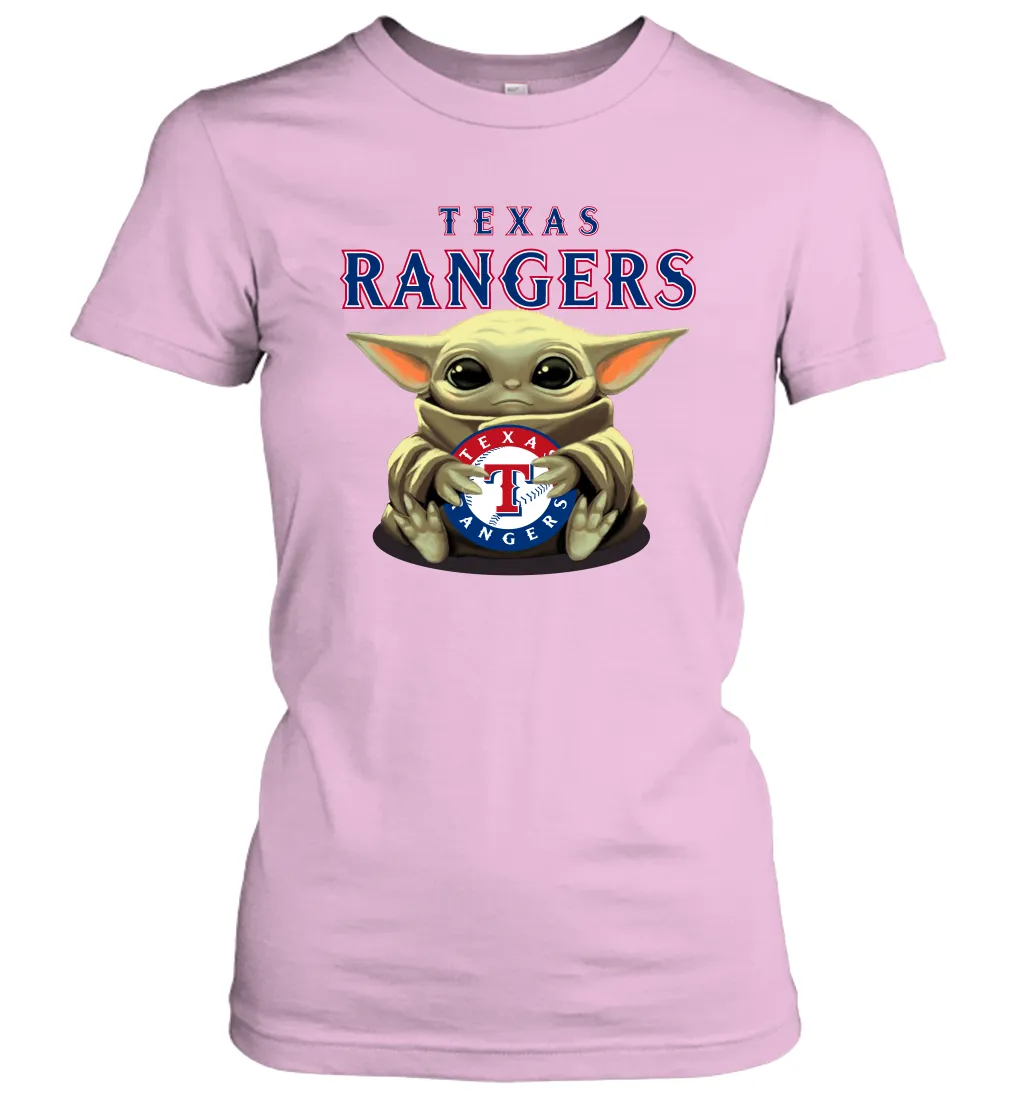 Baby Yoda Hugs Loves The Texas Rangers Baseball Womens T-Shirt