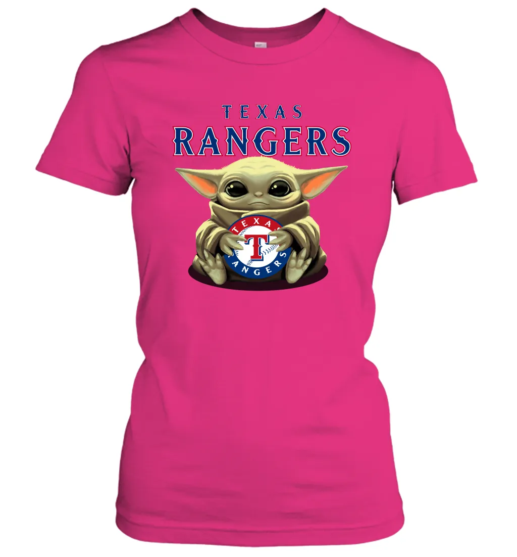Baby Yoda Hugs Loves The Texas Rangers Baseball Womens T-Shirt