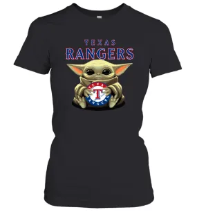 Baby Yoda Hugs Loves The Texas Rangers Baseball Womens T-Shirt