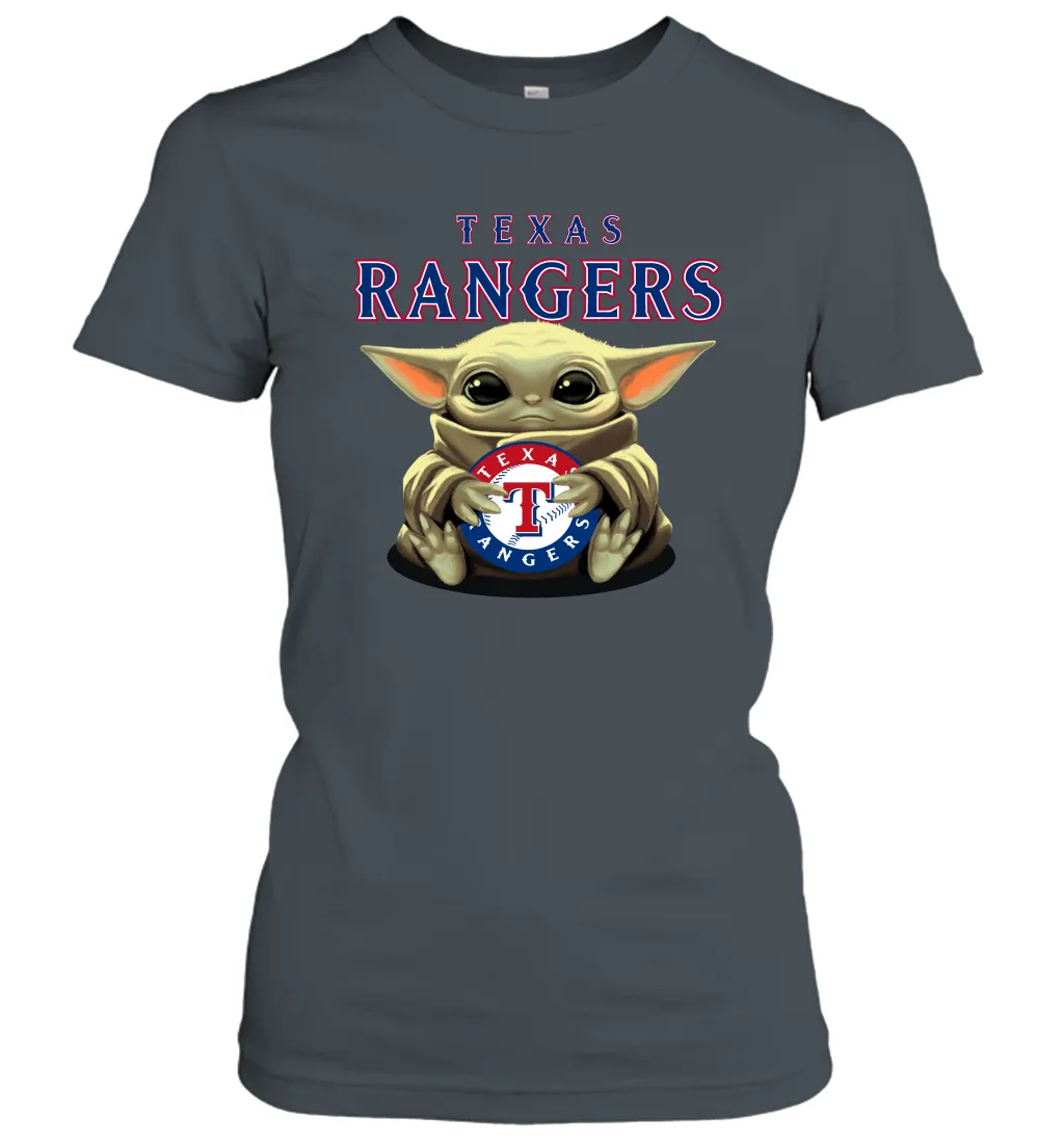 Baby Yoda Hugs Loves The Texas Rangers Baseball Womens T-Shirt