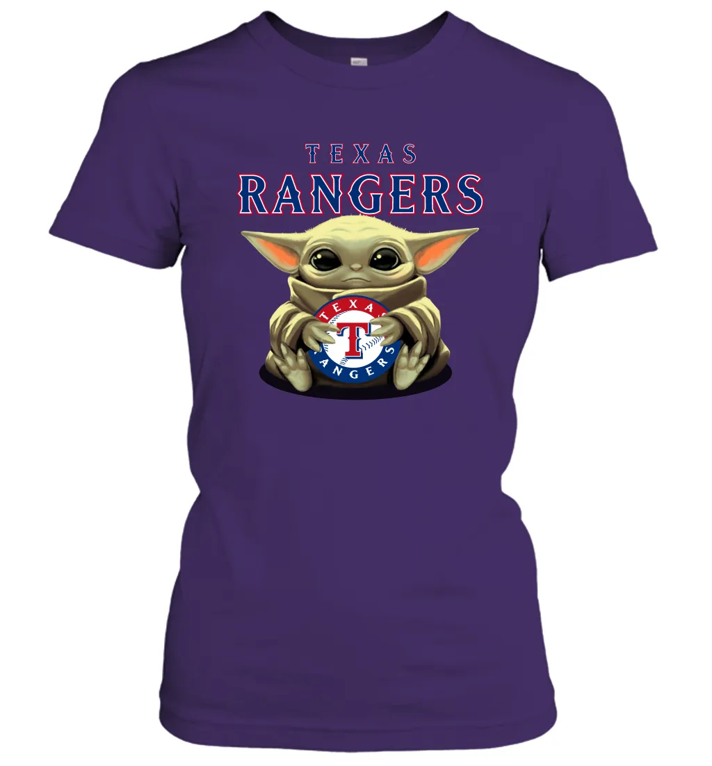 Baby Yoda Hugs Loves The Texas Rangers Baseball Womens T-Shirt