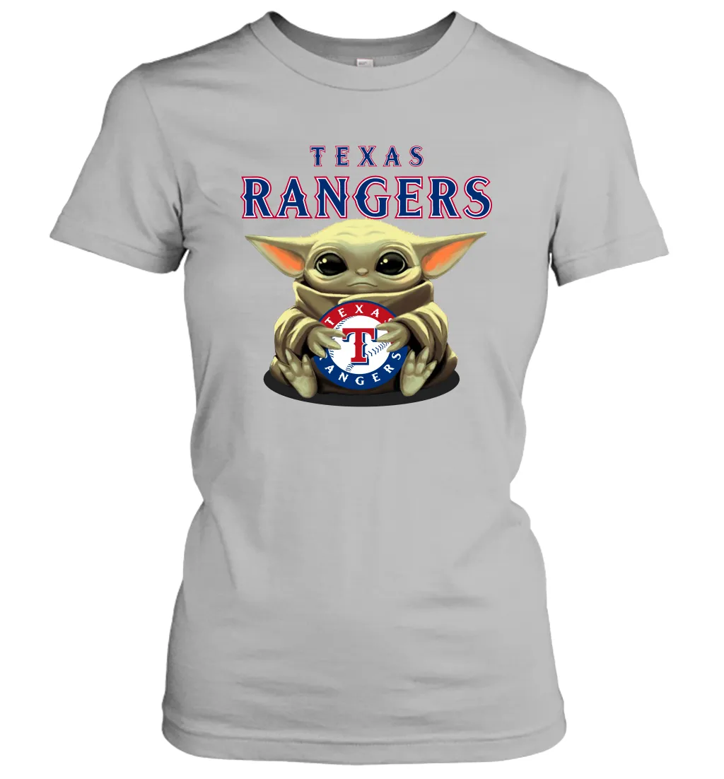 Baby Yoda Hugs Loves The Texas Rangers Baseball Womens T-Shirt
