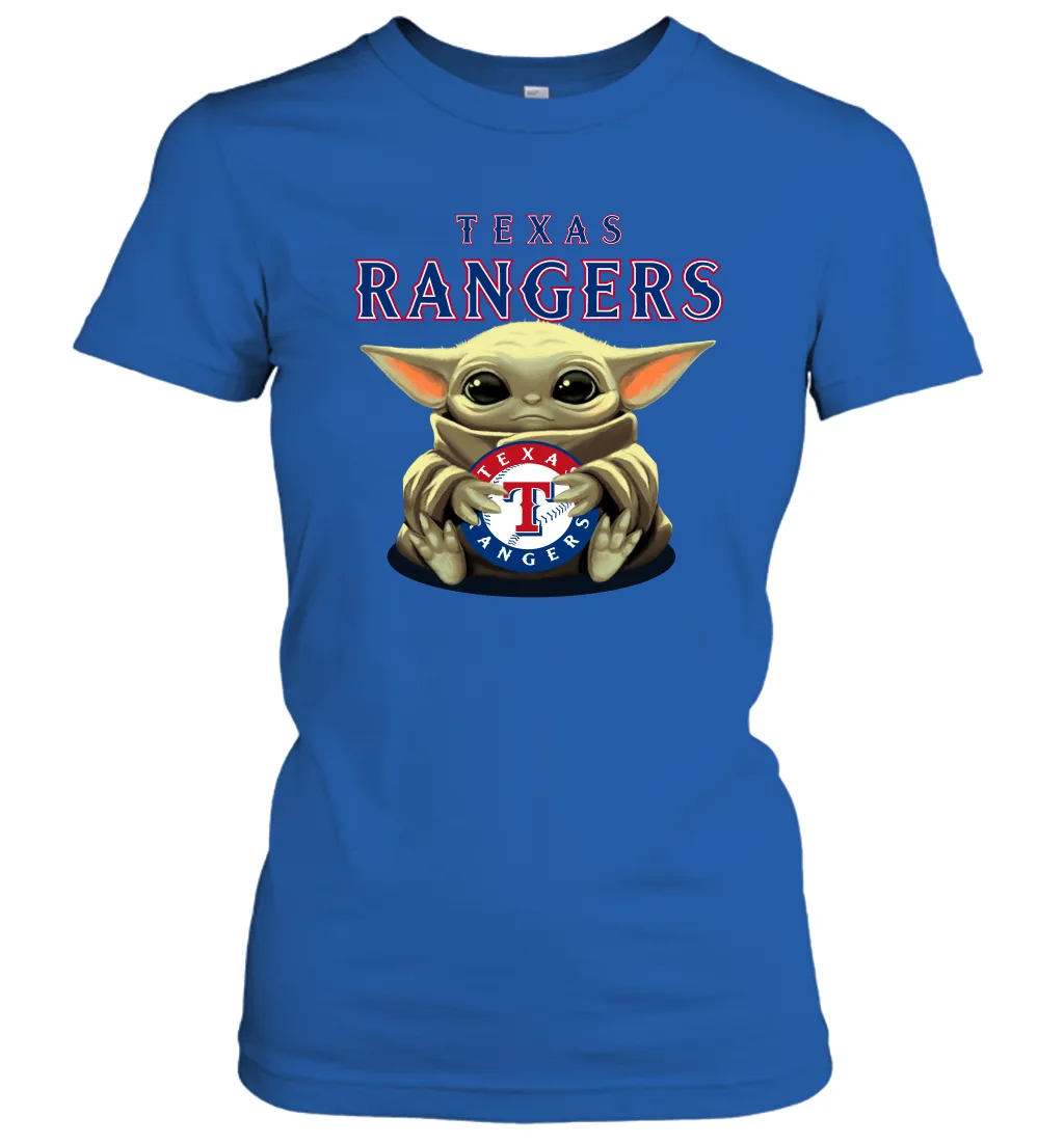 Baby Yoda Hugs Loves The Texas Rangers Baseball Womens T-Shirt