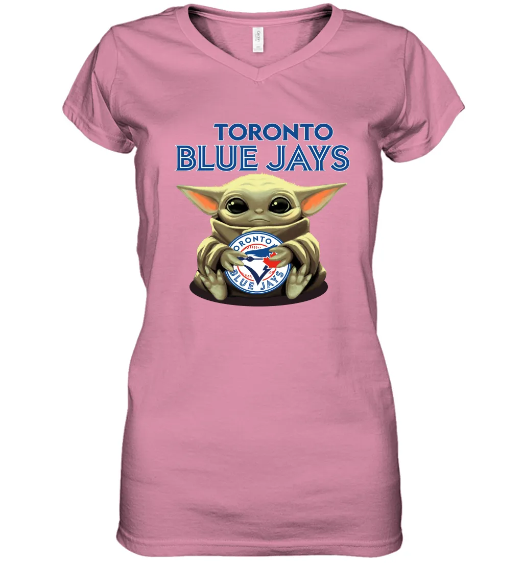 Baby Yoda Hugs Loves The Toronto Blue Jays Baseball Womens V-Neck T-Shirt