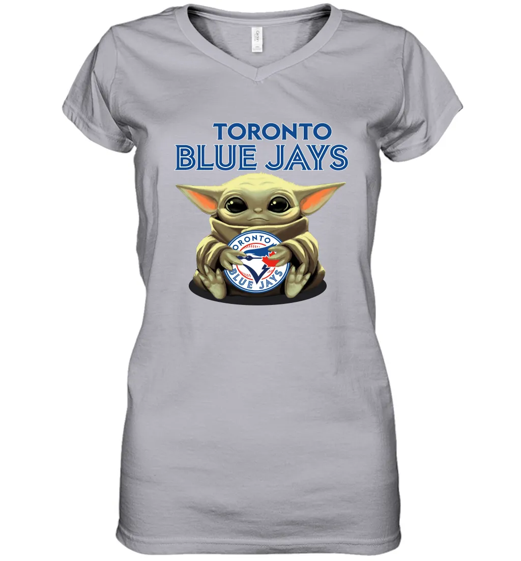 Baby Yoda Hugs Loves The Toronto Blue Jays Baseball Womens V-Neck T-Shirt
