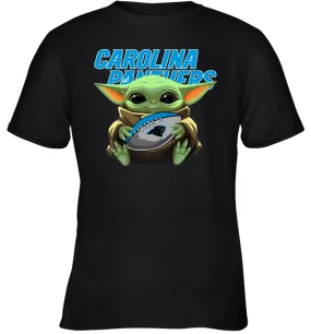 Baby Yoda Loves The Carolina Panthers Star Wars Baby Yoda Hugs Panthers NFL Youth T-Shirt