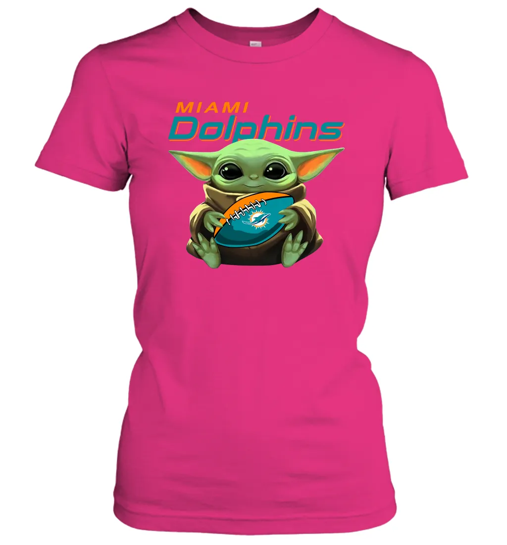 Baby Yoda Loves The Miami Dolphins Star Wars Baby Yoda Hugs Dolphins NFL Womens T-Shirt