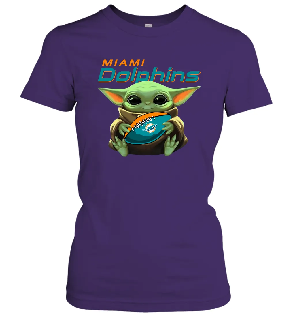 Baby Yoda Loves The Miami Dolphins Star Wars Baby Yoda Hugs Dolphins NFL Womens T-Shirt