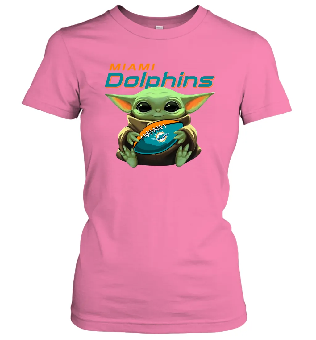 Baby Yoda Loves The Miami Dolphins Star Wars Baby Yoda Hugs Dolphins NFL Womens T-Shirt