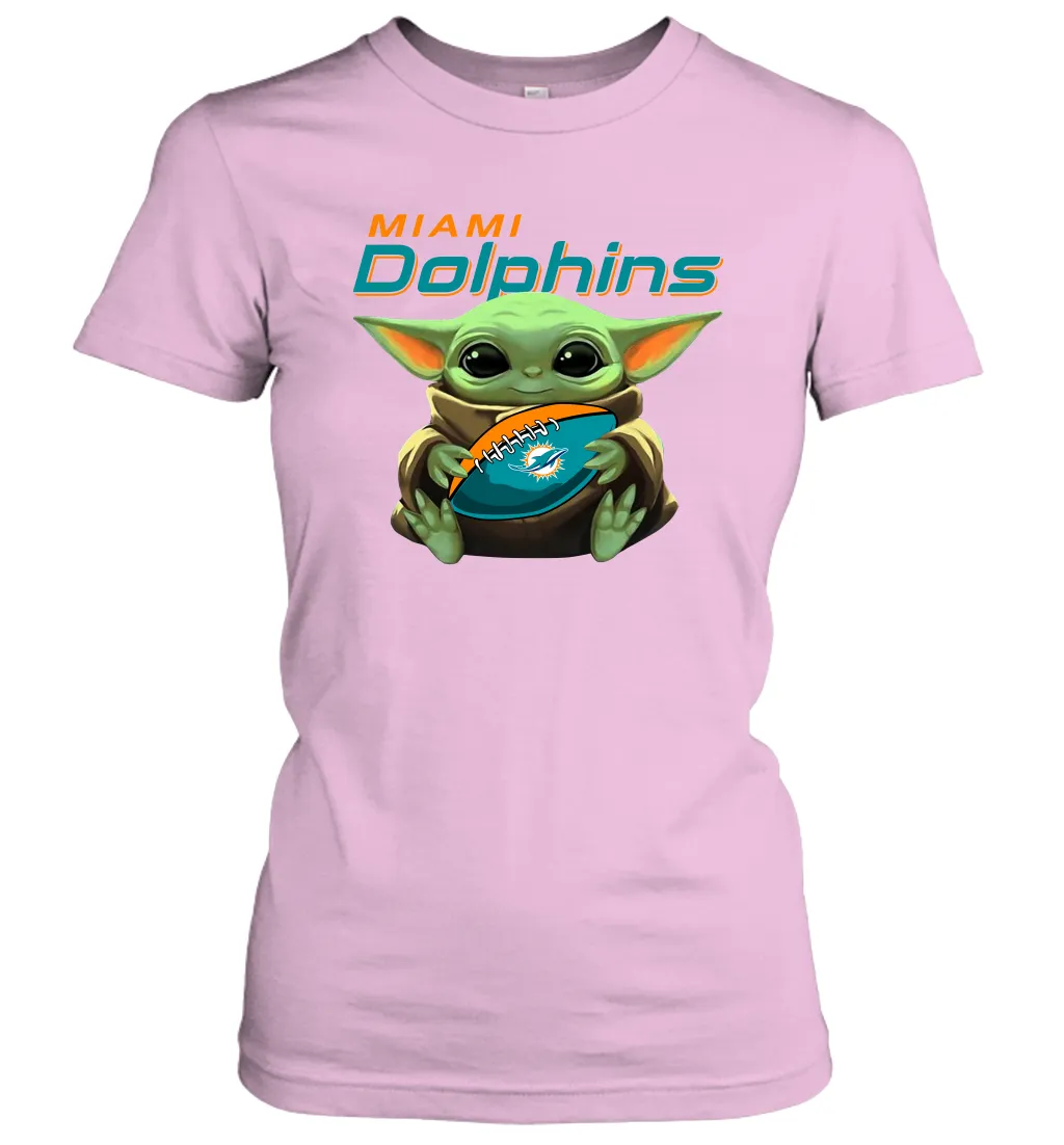 Baby Yoda Loves The Miami Dolphins Star Wars Baby Yoda Hugs Dolphins NFL Womens T-Shirt