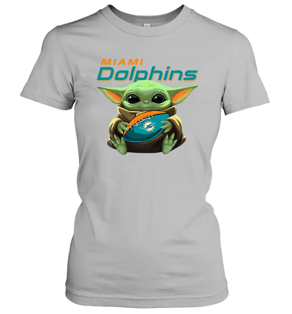 Baby Yoda Loves The Miami Dolphins Star Wars Baby Yoda Hugs Dolphins NFL Womens T-Shirt