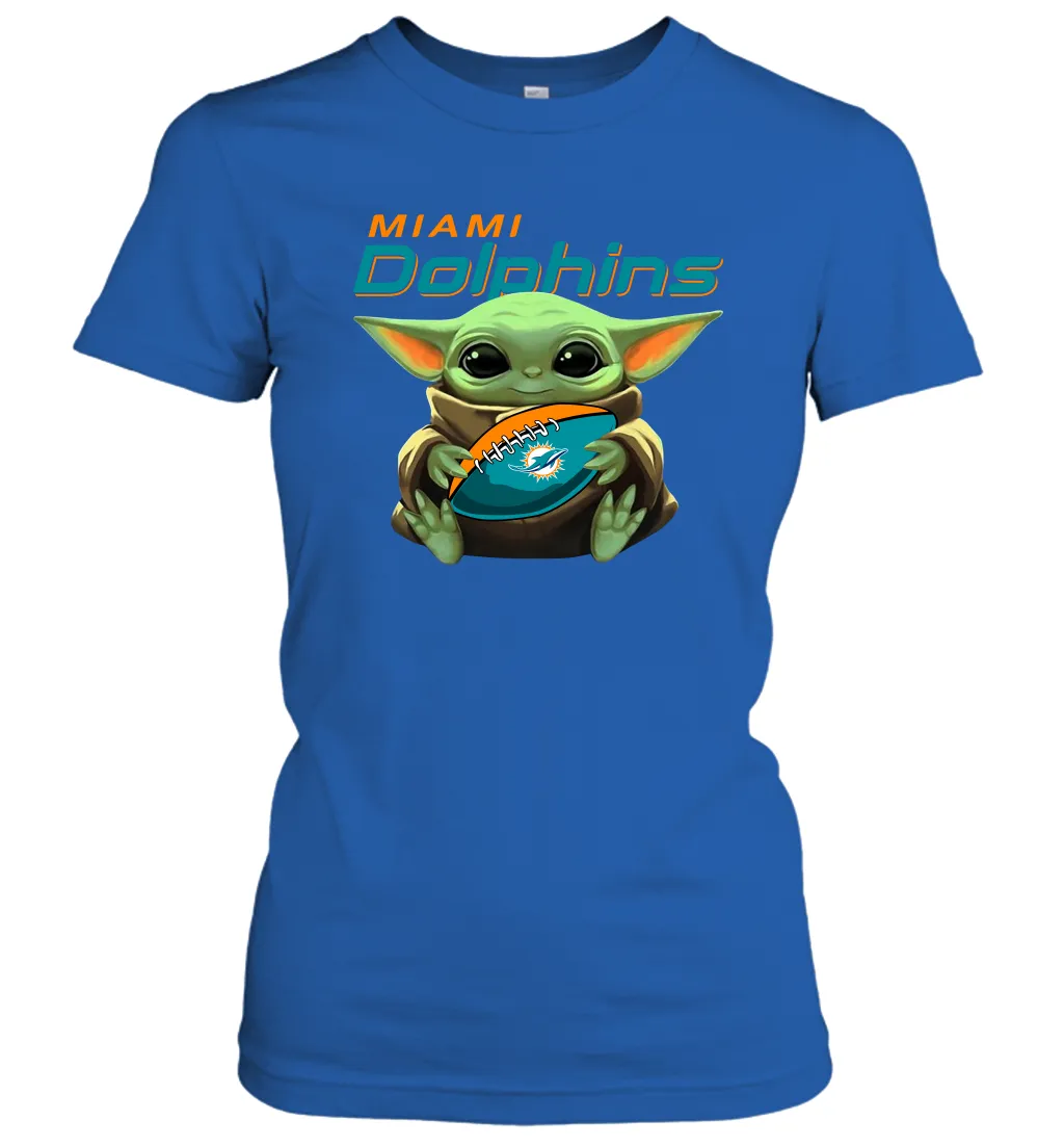 Baby Yoda Loves The Miami Dolphins Star Wars Baby Yoda Hugs Dolphins NFL Womens T-Shirt