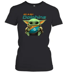 Baby Yoda Loves The Miami Dolphins Star Wars Baby Yoda Hugs Dolphins NFL Womens T-Shirt