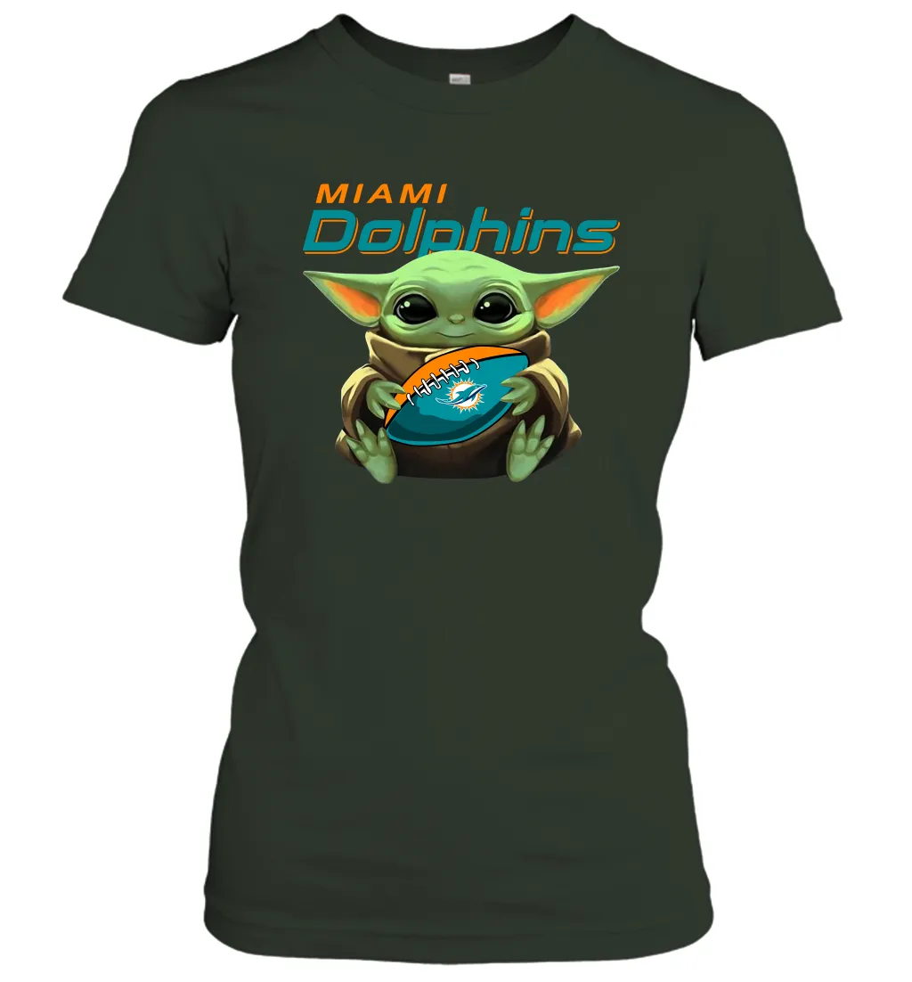Baby Yoda Loves The Miami Dolphins Star Wars Baby Yoda Hugs Dolphins NFL Womens T-Shirt