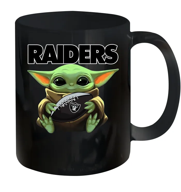 Baby Yoda Loves The Oakland Raiders Star Wars Baby Yoda Hugs Raiders NFL Ceramic Mug 11oz