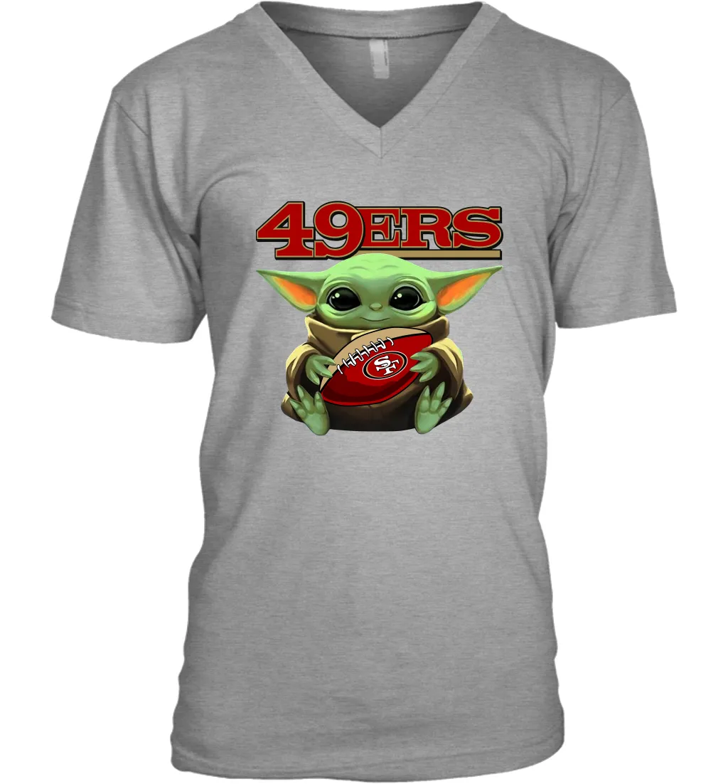 Baby Yoda Loves The San Francisco 49ers Star Wars Baby Yoda Hugs 49ers NFL Mens V-Neck T-Shirt