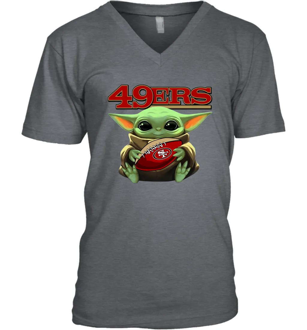 Baby Yoda Loves The San Francisco 49ers Star Wars Baby Yoda Hugs 49ers NFL Mens V-Neck T-Shirt