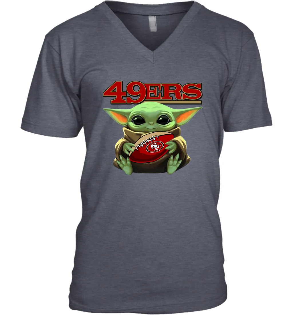 Baby Yoda Loves The San Francisco 49ers Star Wars Baby Yoda Hugs 49ers NFL Mens V-Neck T-Shirt