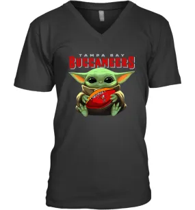 Baby Yoda Loves The Tampa Bay Buccaneers Star Wars Baby Yoda Hugs Buccaneers NFL Mens V-Neck T-Shirt