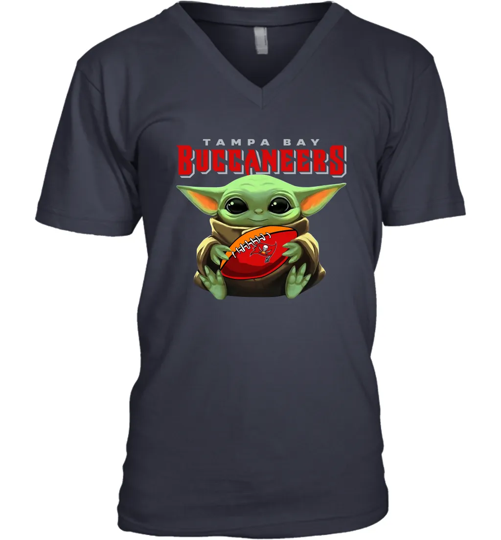 Baby Yoda Loves The Tampa Bay Buccaneers Star Wars Baby Yoda Hugs Buccaneers NFL Mens V-Neck T-Shirt
