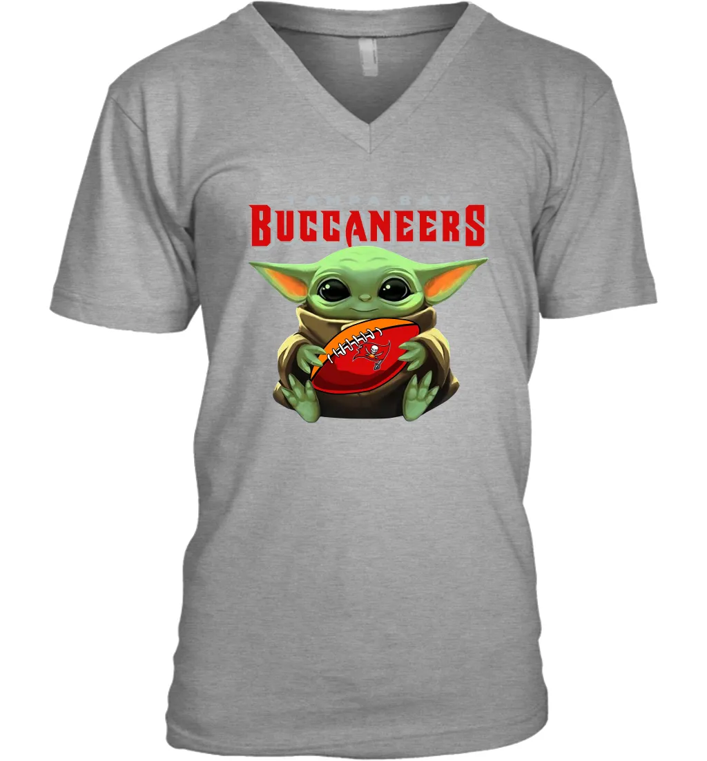 Baby Yoda Loves The Tampa Bay Buccaneers Star Wars Baby Yoda Hugs Buccaneers NFL Mens V-Neck T-Shirt