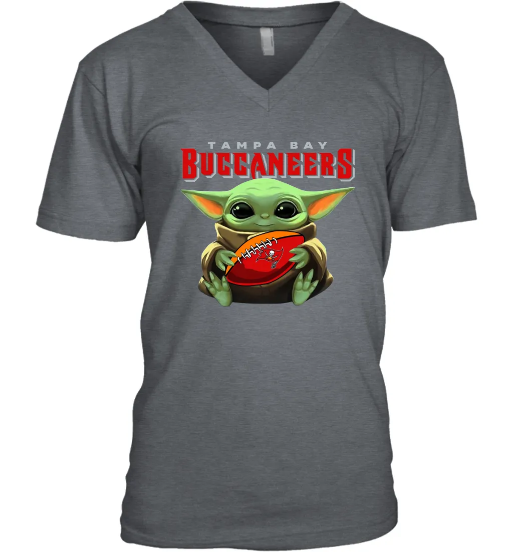 Baby Yoda Loves The Tampa Bay Buccaneers Star Wars Baby Yoda Hugs Buccaneers NFL Mens V-Neck T-Shirt