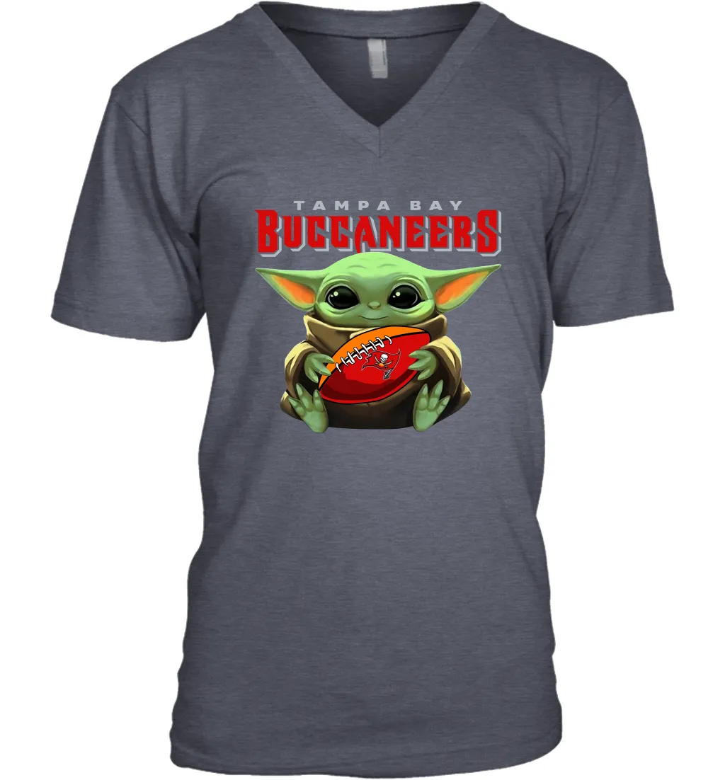 Baby Yoda Loves The Tampa Bay Buccaneers Star Wars Baby Yoda Hugs Buccaneers NFL Mens V-Neck T-Shirt
